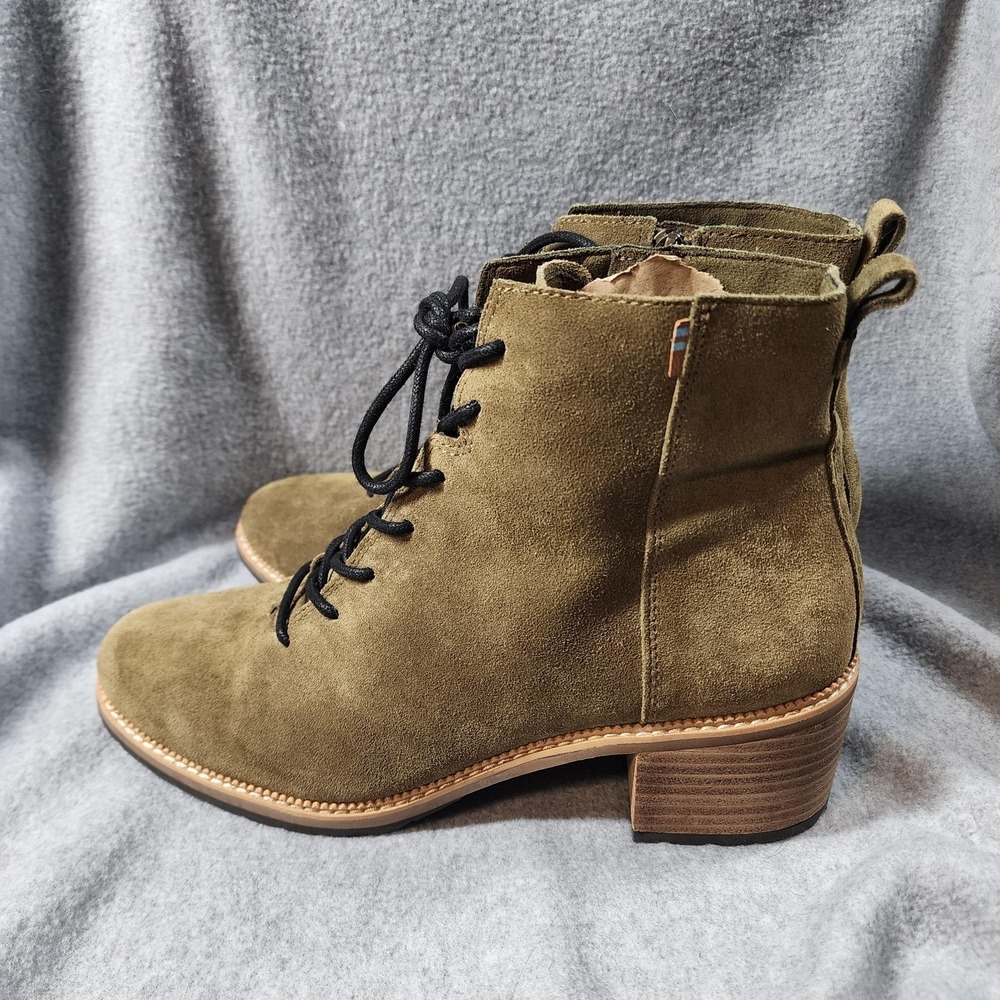 TOMS Boots Womens Size 11 Olive Green Suede Ankle Lace Up Zip Block Heel Combat‎